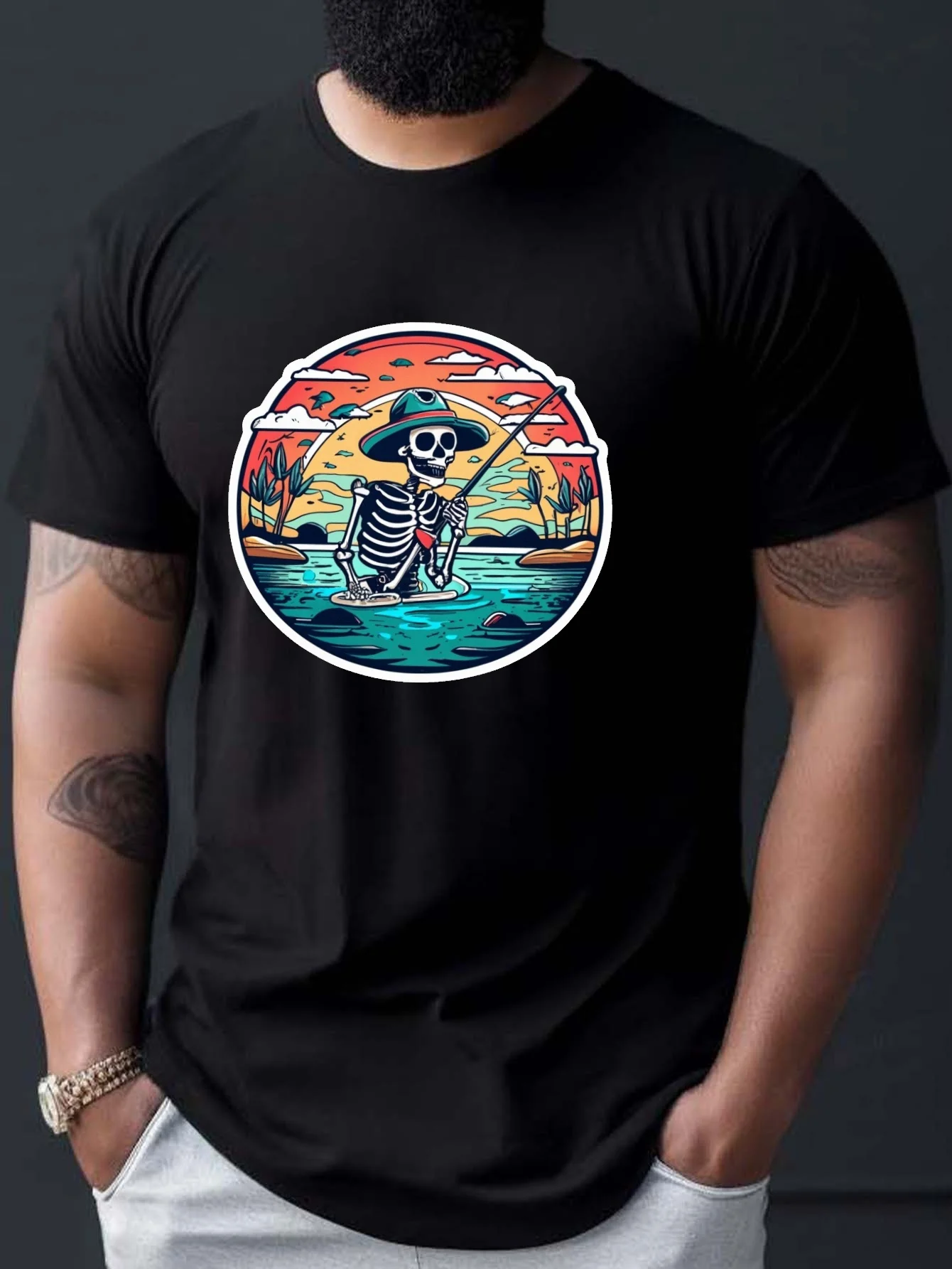 

Skeleton Fishing Print T Shirt, Tees For Men Casual Short Sleeve T-shirt For Summer