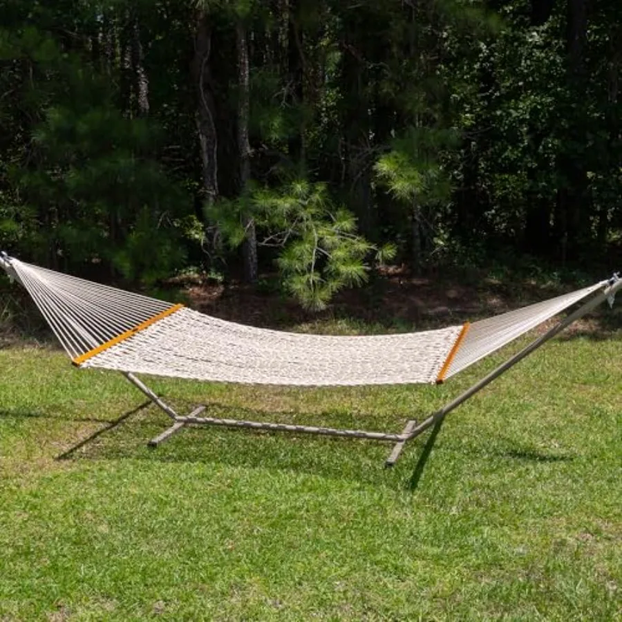 Outdoor deluxe oatmeal DuraCord rope hammock, 13 ft x 60 in, 2-person, 450 lb capacity, oak spreader bar, zinc-plated hardware,