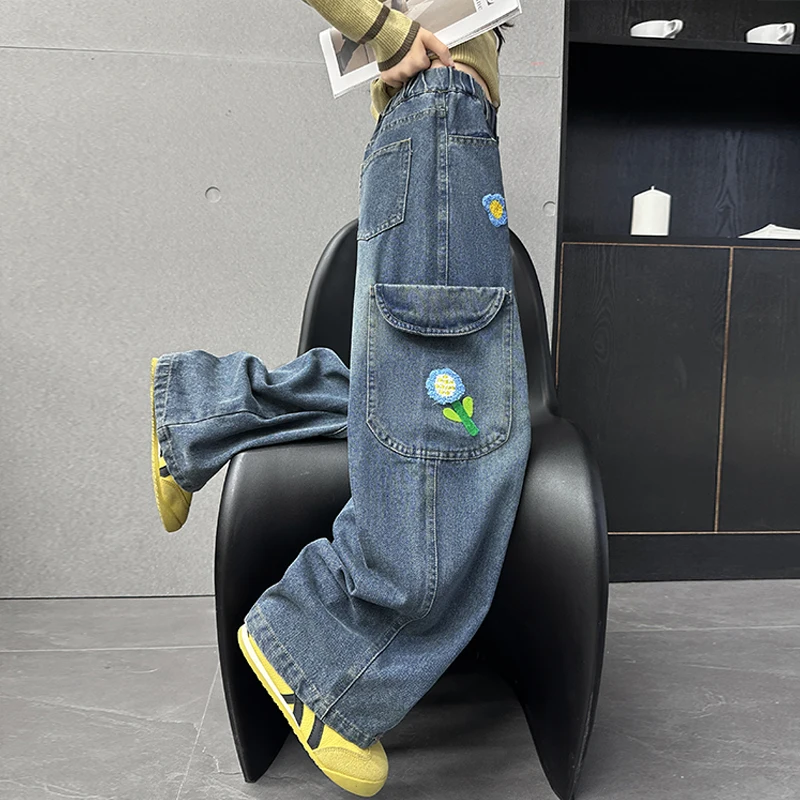 جينز منحني واسع الساق للفتيات على الموضة الراقية مع تطريز الأزهار للأطفال سروال دينم فضفاض غير رسمي على شكل زهرة 5 6 7 8 9 11 14 Y #3