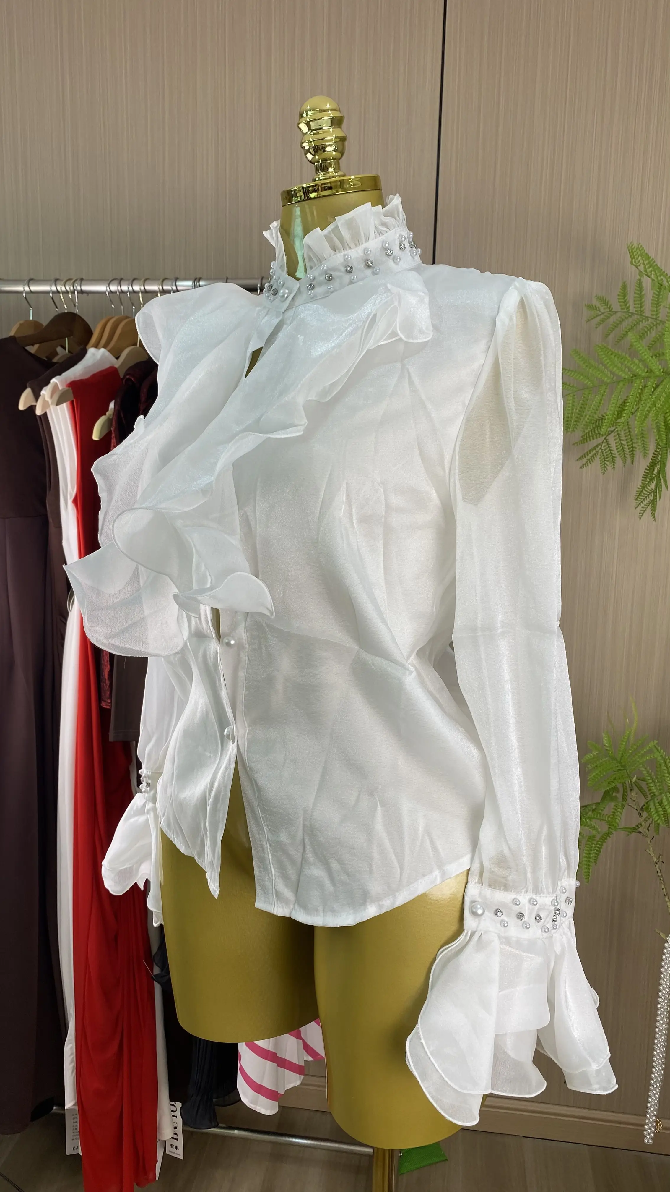 French-style stand-collar women's cardigan shirt with unique, versatile ruffle details and flared sleeves.-GZXX954