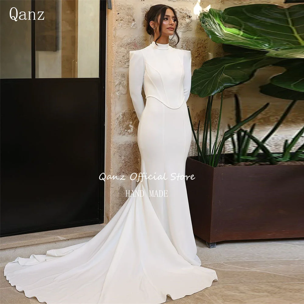 Qanz Satin Minimal Wedding Dresses Long Sleeves High Neck Mermaid Vestido De Novia Boda Civil Customized Robe De Mariee 2025