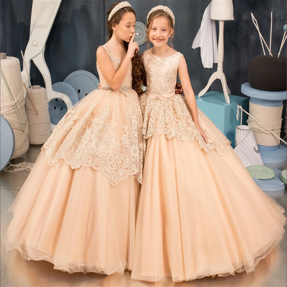 

Elegance Flower Girl Dresses Sleeveless Train Lace Applique Floor Length Princess Ball Gown Kids Birthday Party First Communion