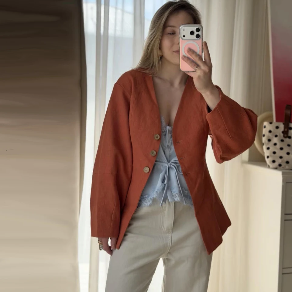 Women's Tussah Silk Blazer Jacket - Chocolate Brown