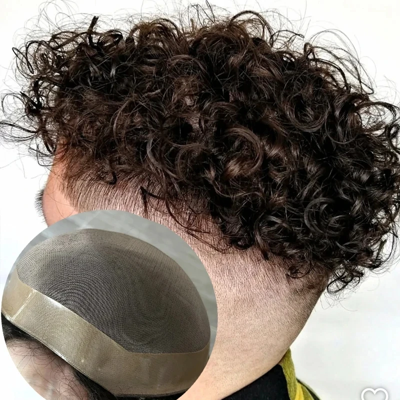26MM Natural Curly Man's Wig Black Brown Human Hair Durable Mono Lace NPU Base Mens Toupee Invisible Hairline Replacement System
