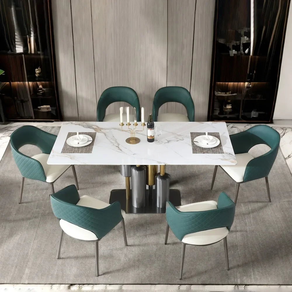 Modern dining table roasted stone dining table a stainless steel base 71 -inch modern luxury table 1 white table+6 chair green