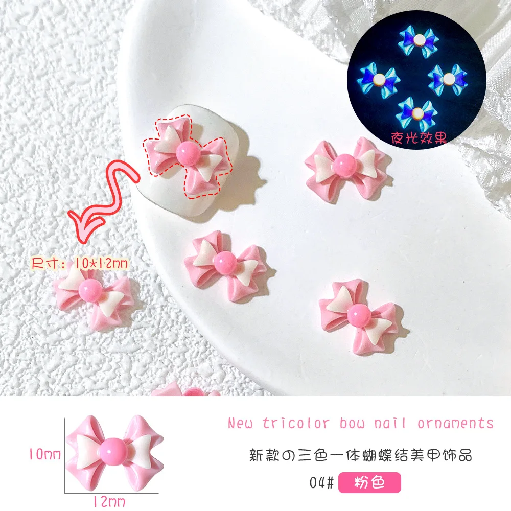 50 sztuk świecące w ciemności kokardka węzeł do paznokci Charm Luminous Kawaii materiały do paznokci walentynki 3D 12.5*9.5mm płaski tył Manicure dżetów*