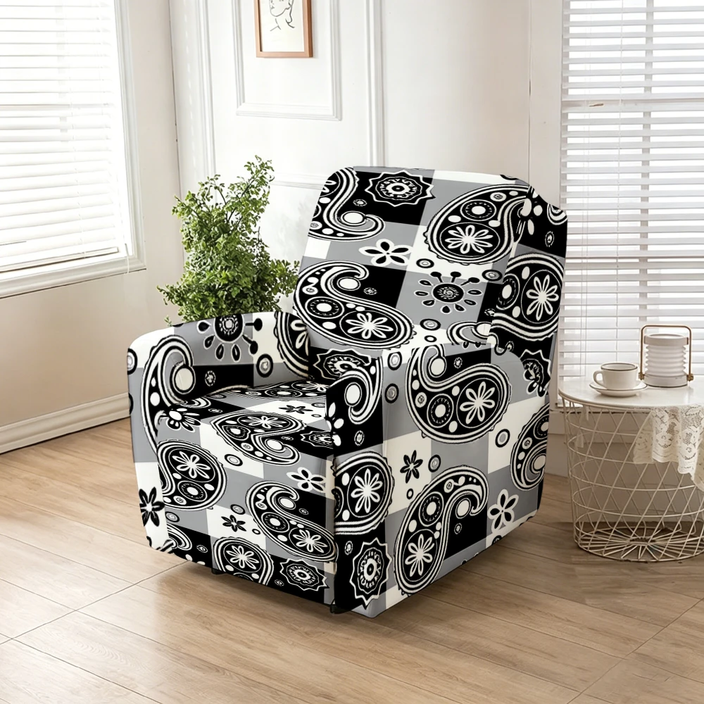 Black White Gray Buffalo Check Paisley Floral Print Stretch Recliner Chair Cover, Washable Slipcover for  Living Room Decor