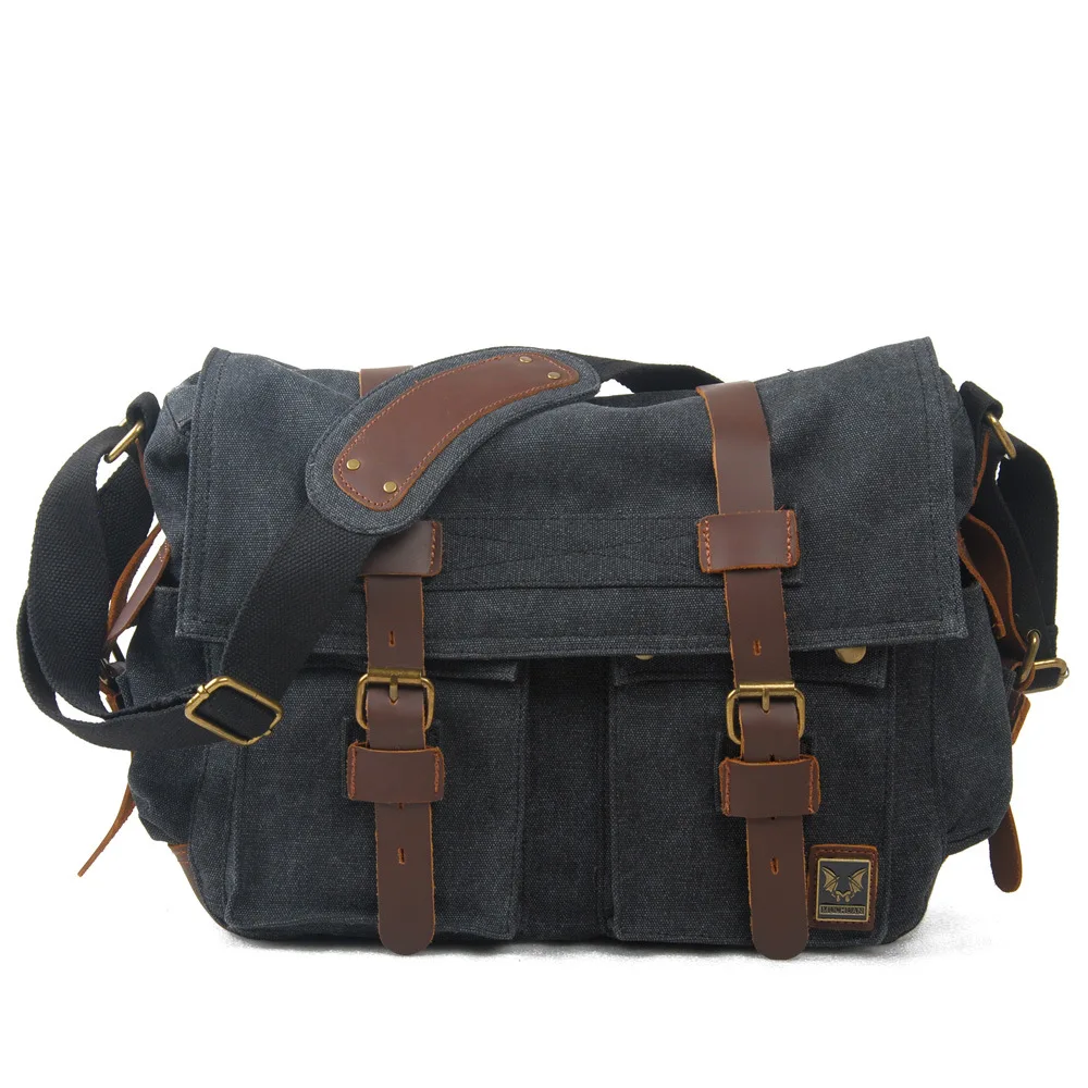 Vintage Leather Canvas Men\'s Messenger Bag College Crossbody Bag Casual Shoulder Bag Large Capacity Bags Fashion Designer Style