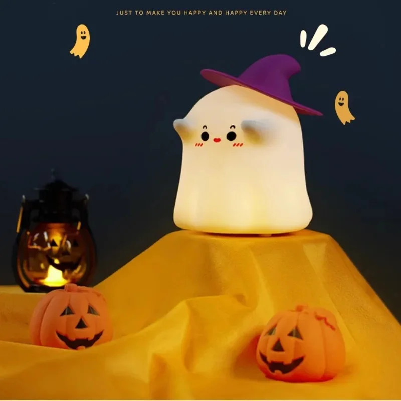 Halloween Ghost LED Silicone Night Light, Abajur, Cute Cartoon, Touch Lamp, Recarregável, Child Holiday Gifts, Novo