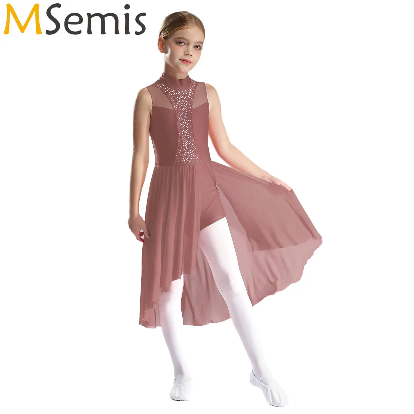 Kids Girls Gymnastics Artistic Figure Skating Costume Ballet Lyrical Dance Dress Sparkly Rhinestone Cutout Back Side Split Dress