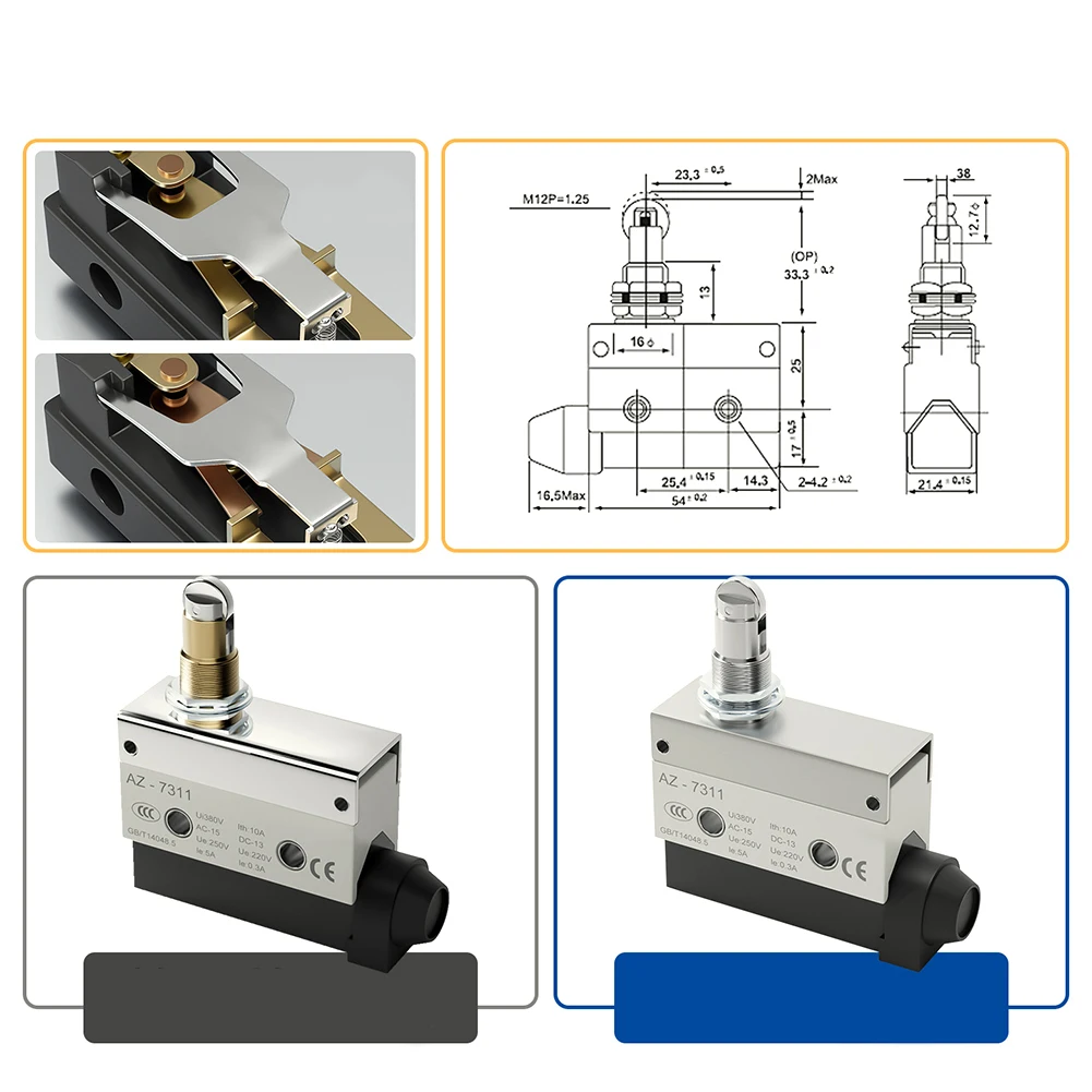 AZ7311 Waterproof Limit Switch 10A 380V AC 200V DC IP66 Rated 1NO1NC Roller Lever Travel Switch for Factory Use