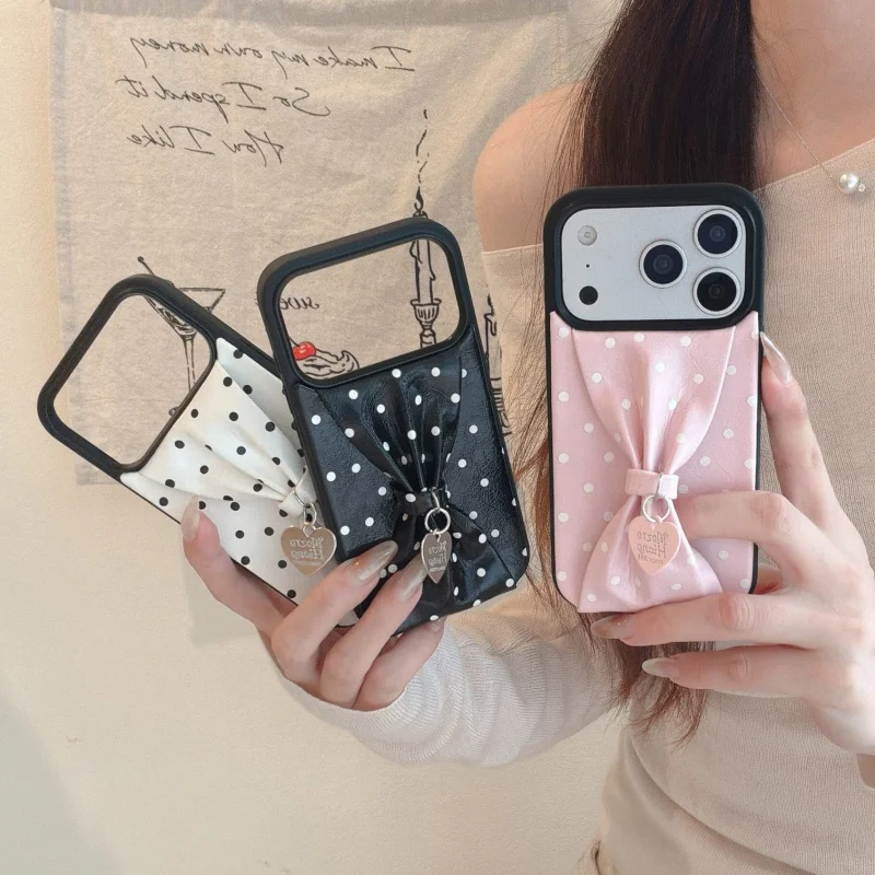 

Korean Cute Bowkont Wristband Polka Dot Phone Case For iPhone 17 Pro 16 14 Pro Max Back Cover Shockproof Protective Cases Girls