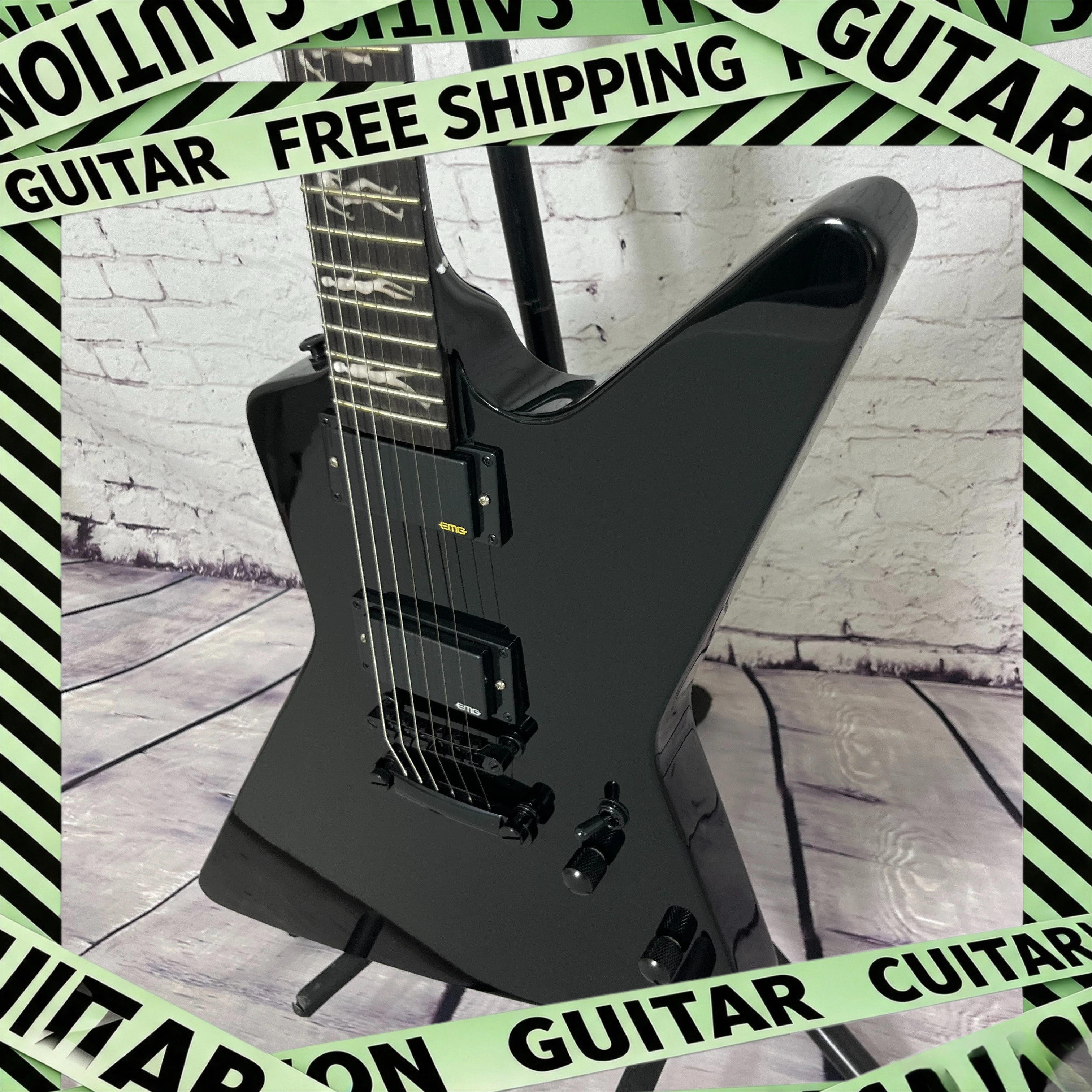 Bright Black E-shaped Electric Guitar with Solid Wood Body Dual Active Pickups Matte Black Hardware, Extreme Metal, Fast Bounce