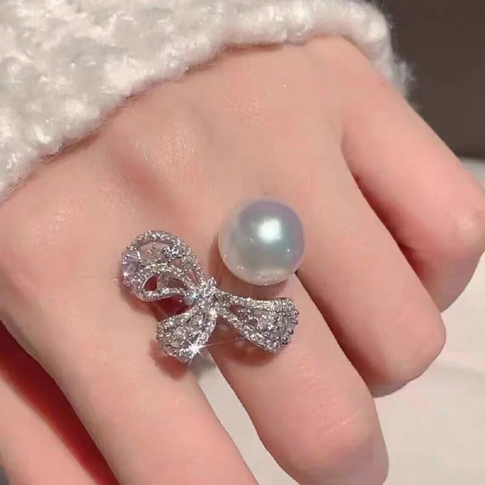 

Exquisite inlaid temperament bow natural pearl ring 925s/AAAA10-11mm/11-12mm