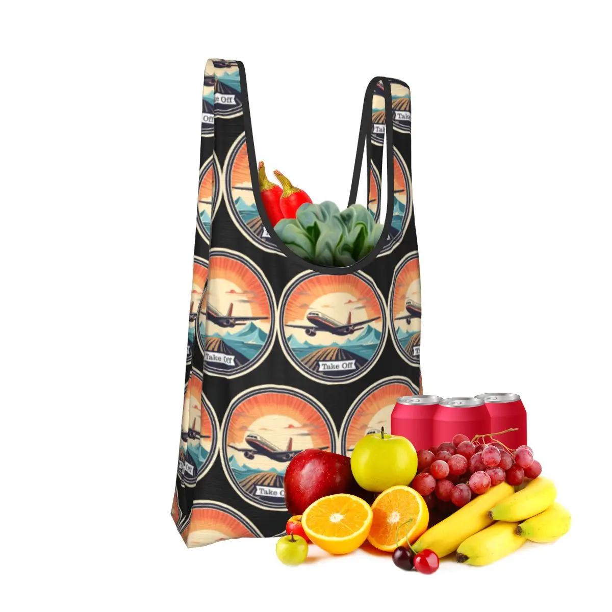 

Vintage Airplane Taking Off Shopping Bag Portable Tote Bags Foldable Shoulder Shopper Bag Groceries Handbag
