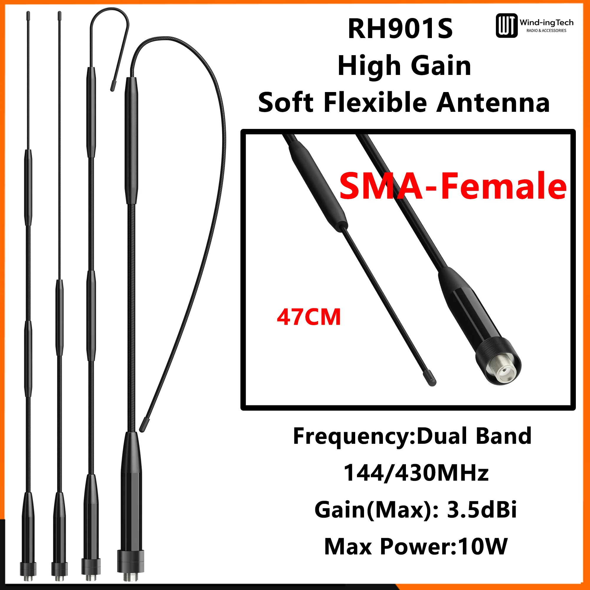 SMA-Female RH901S Soft Whip Antenna Coil High Gain Aerial Enhance Signal For DM-1701A UV-26 UV-5R UV-B6 Quansheng TG-UV2 Radios