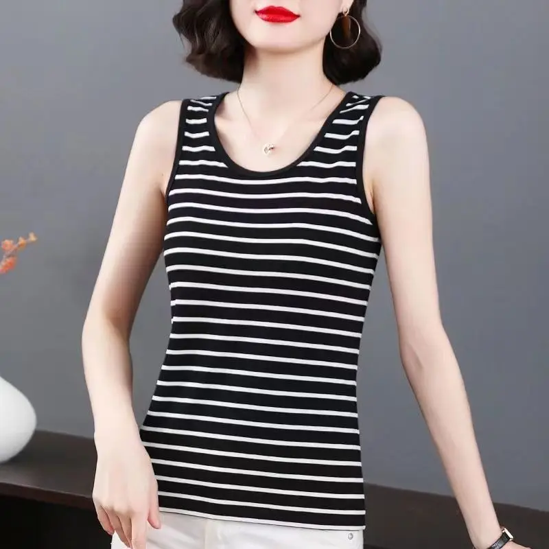 

New Striped Slim Tanks Summer Sleeveless All-match Printing Plus Size Vintage T Shirt Tops Street Casual Fashion Women Clothing