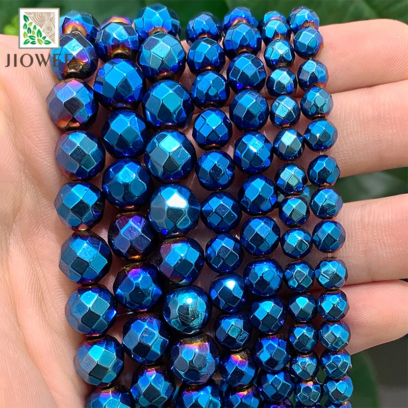 Natural Faceted Plated Blue Hematite Loose Round Beads For Jewelry Making DIY Charms Bracelet Necklace 15\'\'Strand 2/3/4/6/8/10mm