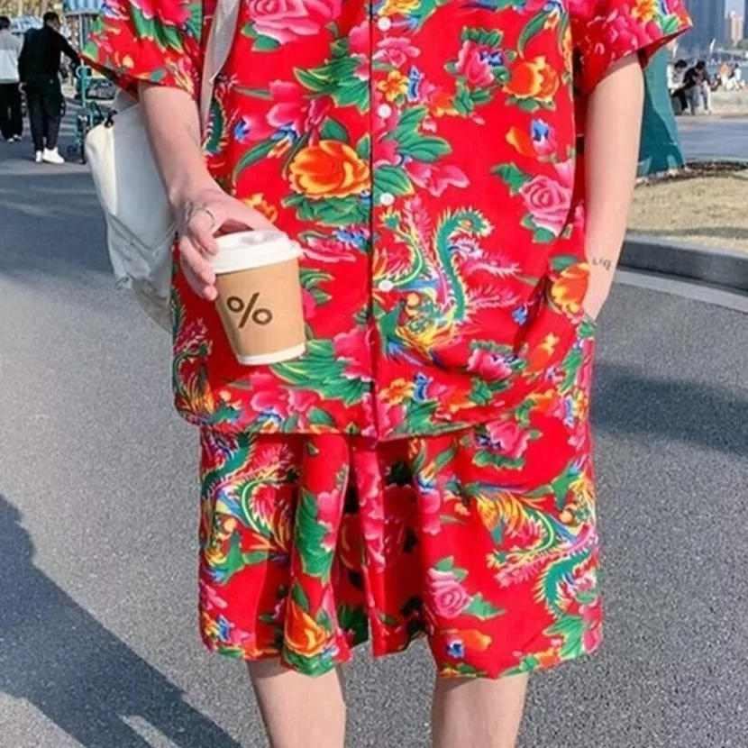 男性用の大きな花柄の服,半袖の衣装,カップル用の夏のシャツ,上質な赤い花柄の服のセット,赤い花柄のパフォーマンス