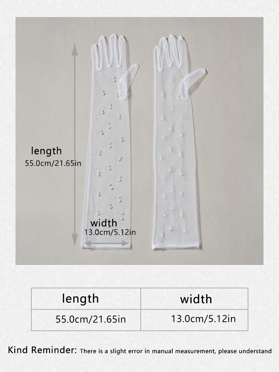 A pair of transparent fingered style elbow length gloves suitable as accessories for bride weddings or women's dances