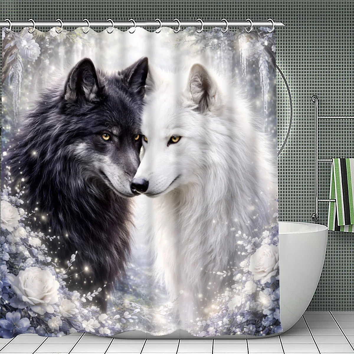 1pc Black and White Wolves with Floral Shower Curtain, Bathroom Decor, Multi-Size Options (120x180cm, 150x180cm, 180x180cm, 180x
