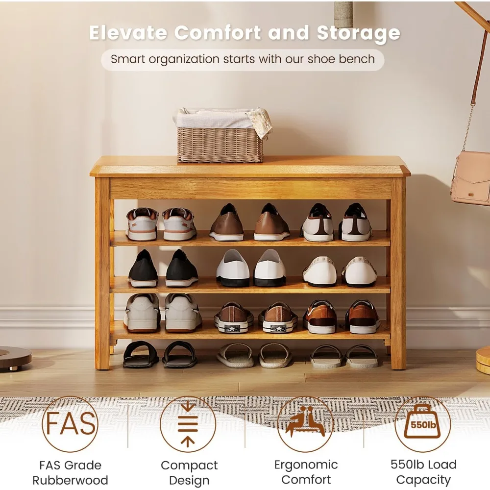 مقعد تخزين من الخشب المطاطي الحديث من منتصف القرن مع رف أحذية، سعة 550 رطل، تصميم مدمج للمدخل والممرات