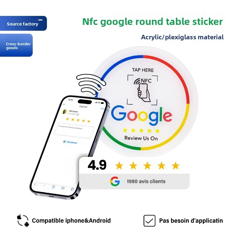 Cross-border NFC Round Table Sticker NTAG213 High-quality Acrylic Review Card for Google Restaurants, Hotels, and Merchants