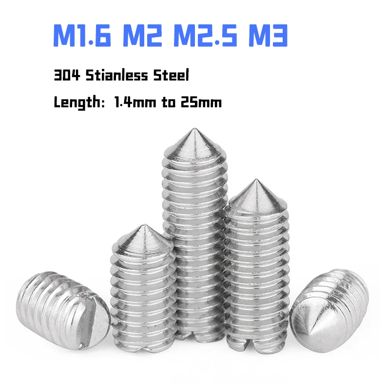 M1.6 M2 M2.5 M3 304 Stainless Steel Slotted Head Cone Point Grub Set Screw  Tapered End Headless Bolt Machine Thread