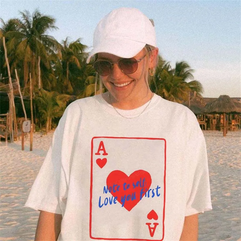 Love Yourself First Ace Heart Pattern Printed Holiday Women's Beach T-Shirt Summer Basic Fashion O-Neck Top Women's T-Shirt