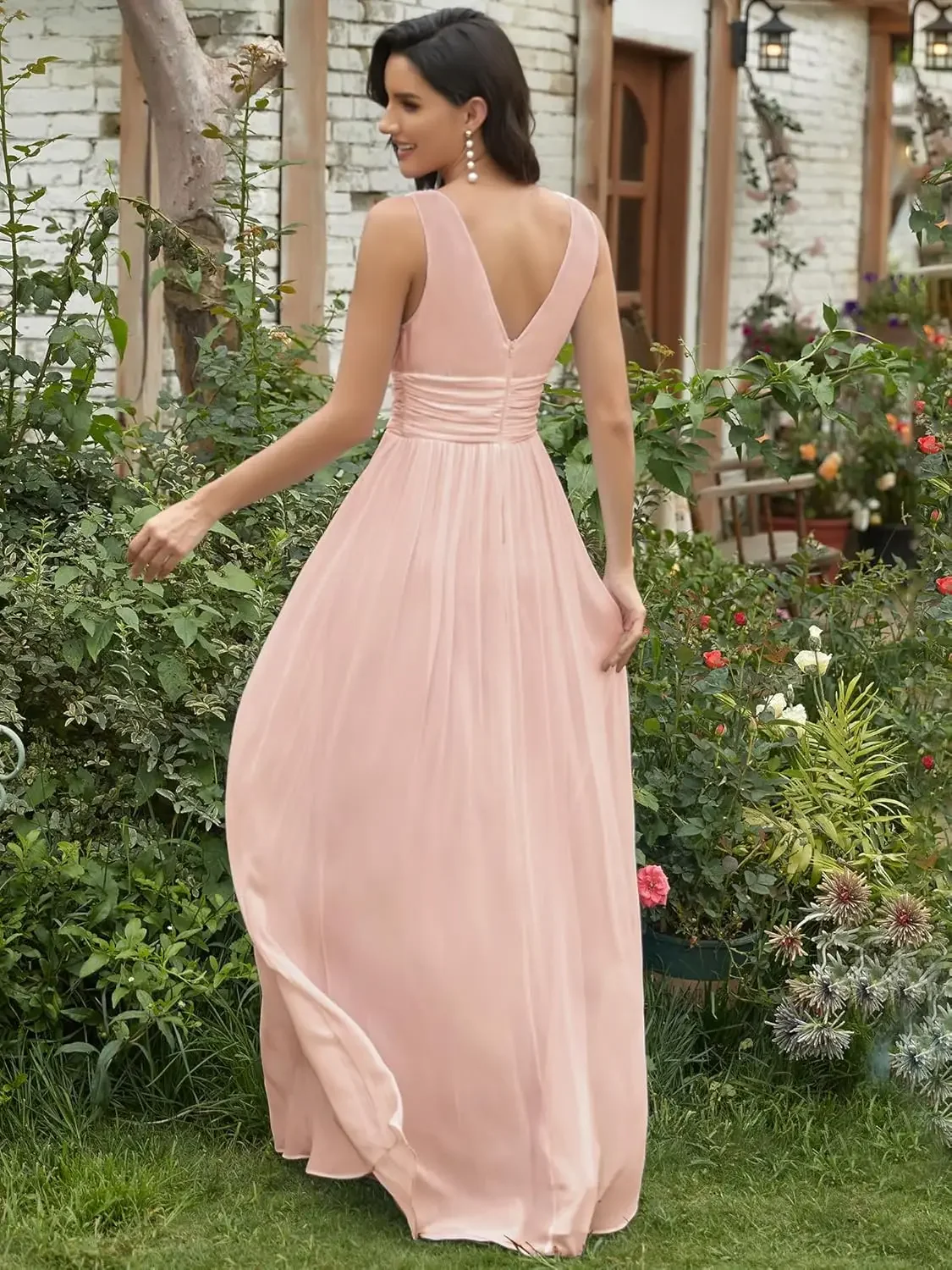 結婚式のゲストドレス 夜会服 レディース ブライドメイドドレス Vネック ノースリーブ Aライン シフォン フロアレングス フォーマルドレス