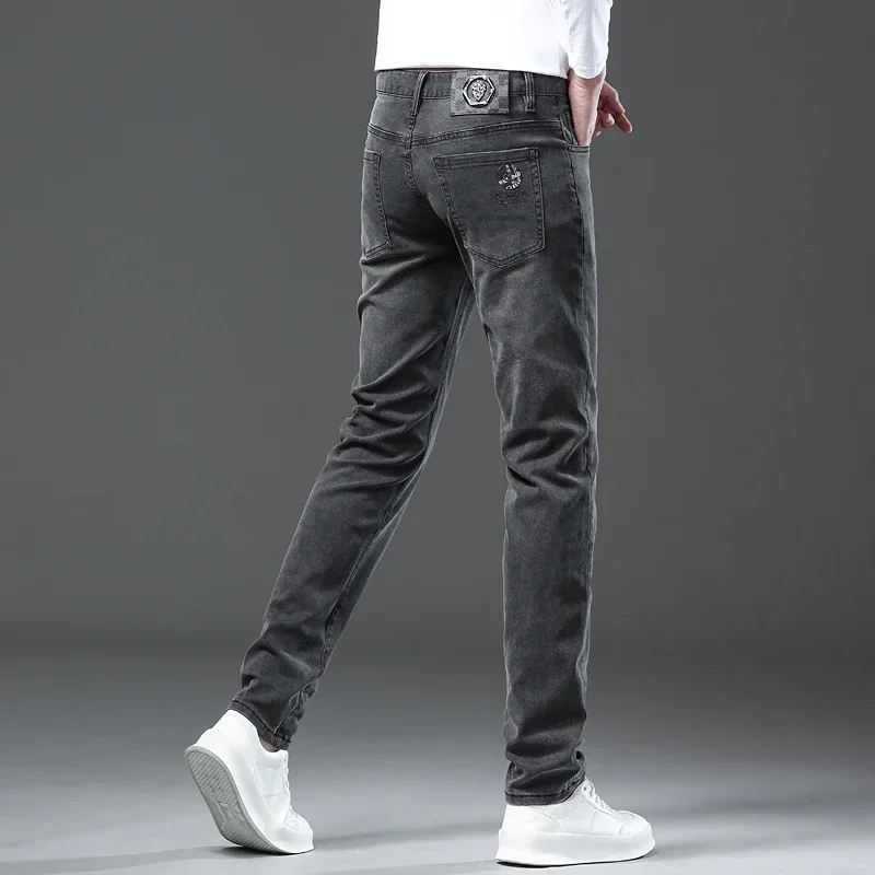 2024 spring high-end affordable luxury printed men's jeans trendy slim fit skinny casual fashion business trousers