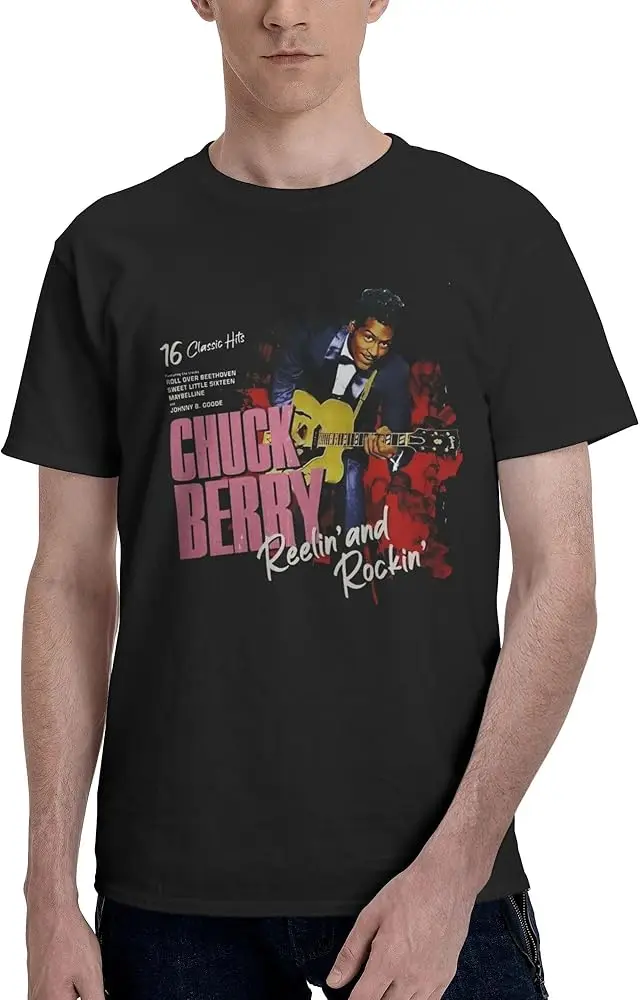 chuck Musics berry Men's Short Sleeve T-shirt Soft Cotton Shirt Crewneck Casual T-shirt Black