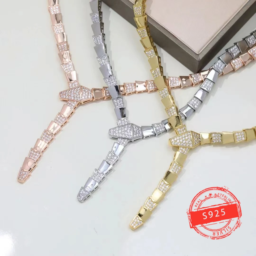 Hot selling s9251:1 custom sterling silver smooth snake bone with diamond women's jewelry necklace, exquisite and luxurious