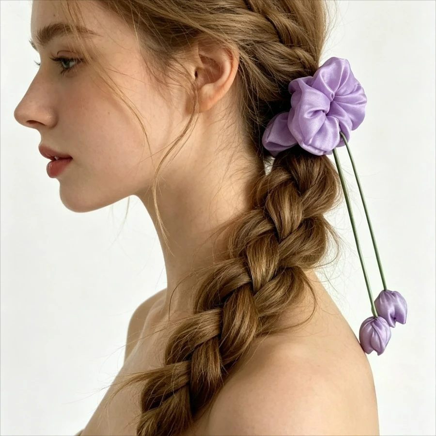 Handmade Purple Tulip Scrunchie, Satin Floral Hair Tie, Cute Flower Drop Hair Scrunchie Gift for Women