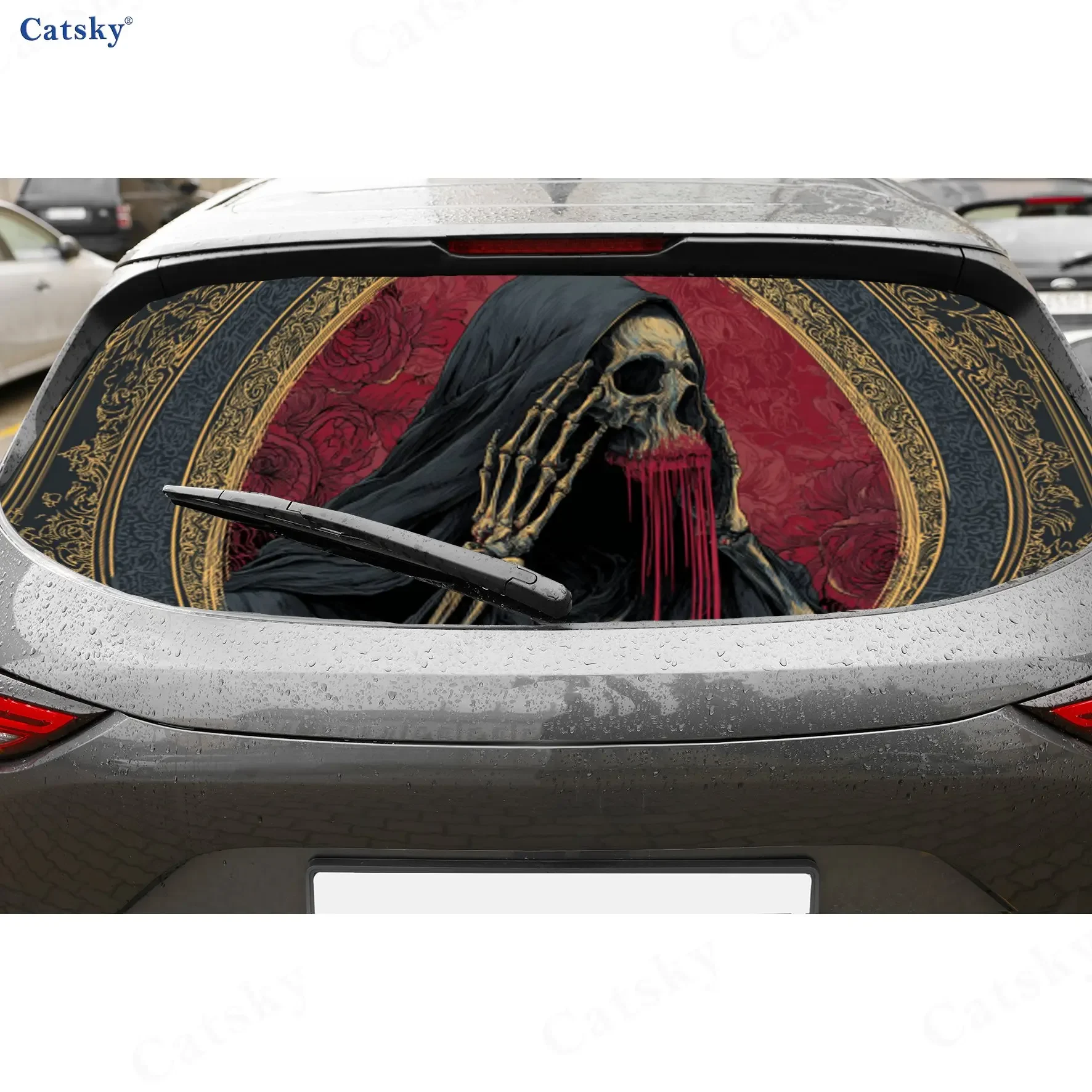 Gothic Reaper Brave Adventure PVC Perforated Car Vinyl Wraps, Durable Car Rear Windshield Sticker, Waterproof Car Rear Window De