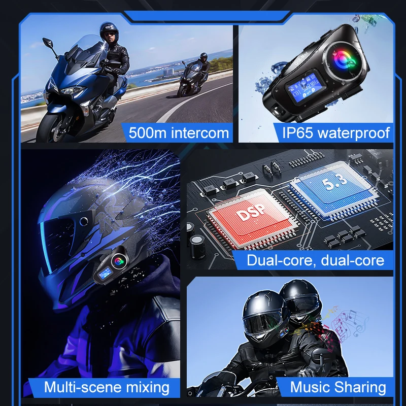 Motorcycle Helmet Headset Bluetooth 5.3 Intercom Headphones Wireless Motor Headset Earphone Handsfree Stereo with Music sharing