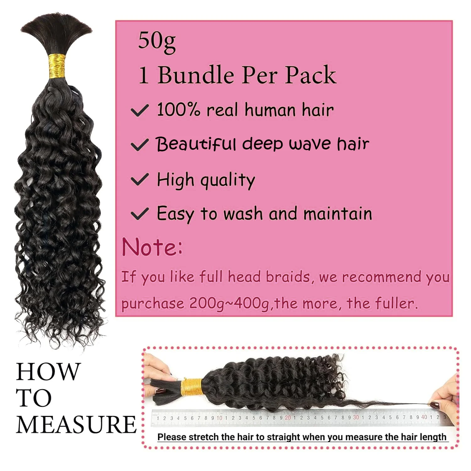 Deep Water Wave Bulk Cabelo humano, trança, encaracolado, Boho, tranças sem nós, extensões em massa, sem trama, cor natural, 50g por pacote