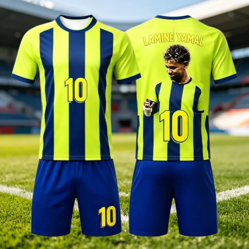 Fashion New Yamal Football Jersey Fan Outdoor Sports Breathable Quick Drying Men's Women T-shirt and Shorts Set Family Kids Tees