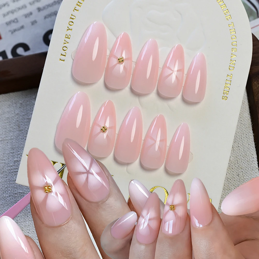 

24Pcs Pink Almond Gradient Flower False Nails Glossy Simple 3D Caviar Beads Floral Fake Nail Tips Full Cover Press Wearable Nail