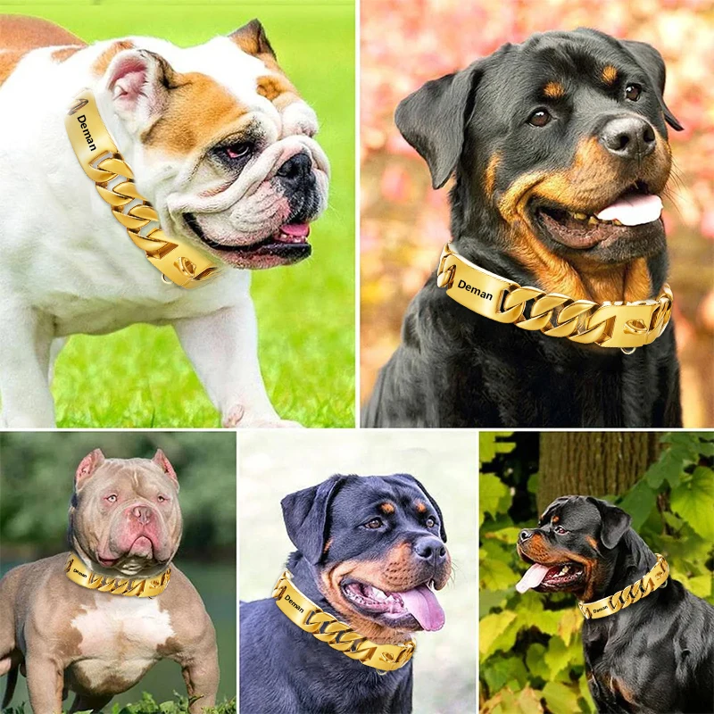 Personalized Dog Name 32mm Wide Gold Chain Collar Stainless Steel Chew Proof  Training Pet Chains Collars for Large Dogs