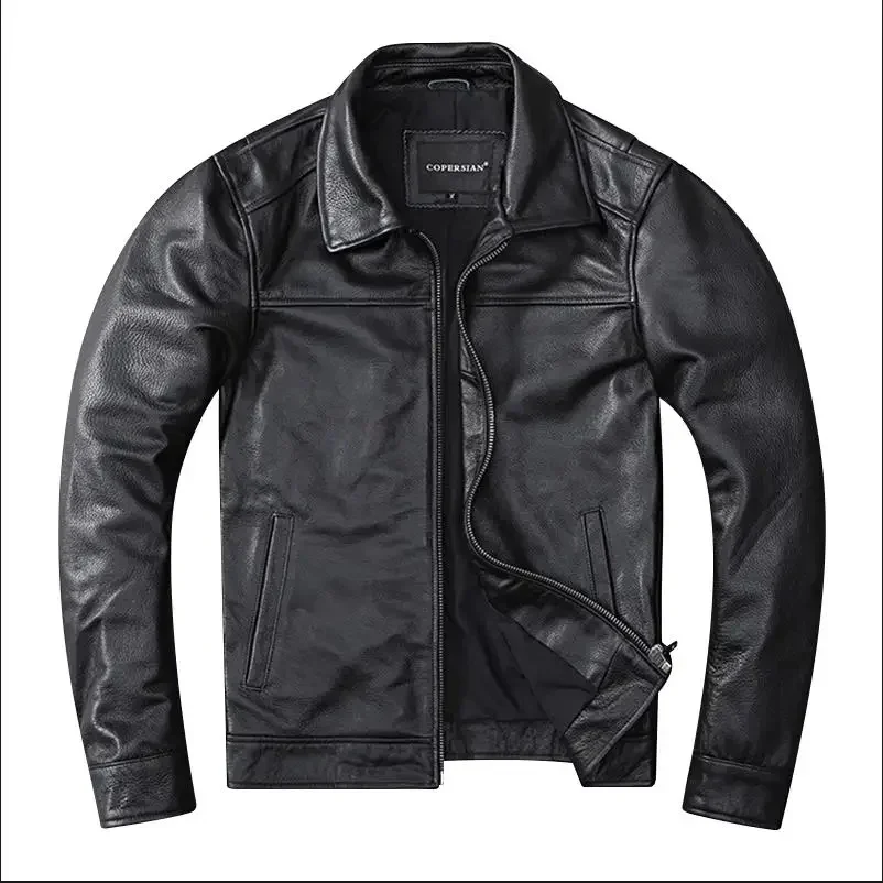 YR!-chaqueta de cuero genuino para hombre, abrigo de piel de vaca 100% natural, tela de motorista, venta al por mayor