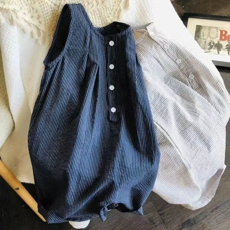 

2025 Summer One-piece Loose Pants Children's Sleeveless Bodysuit Cotton Boys and Girls Baby Thin Jumpsuit