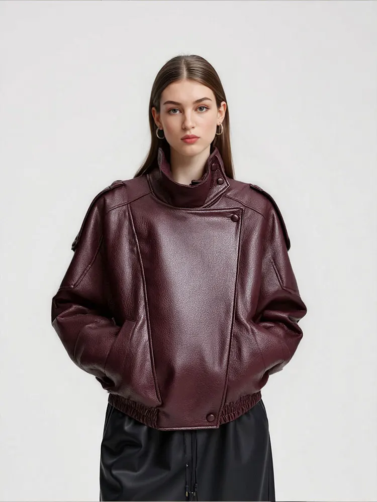 HH Autumn Women Fashion Turtleneck Faux Leather Jacket Vintage