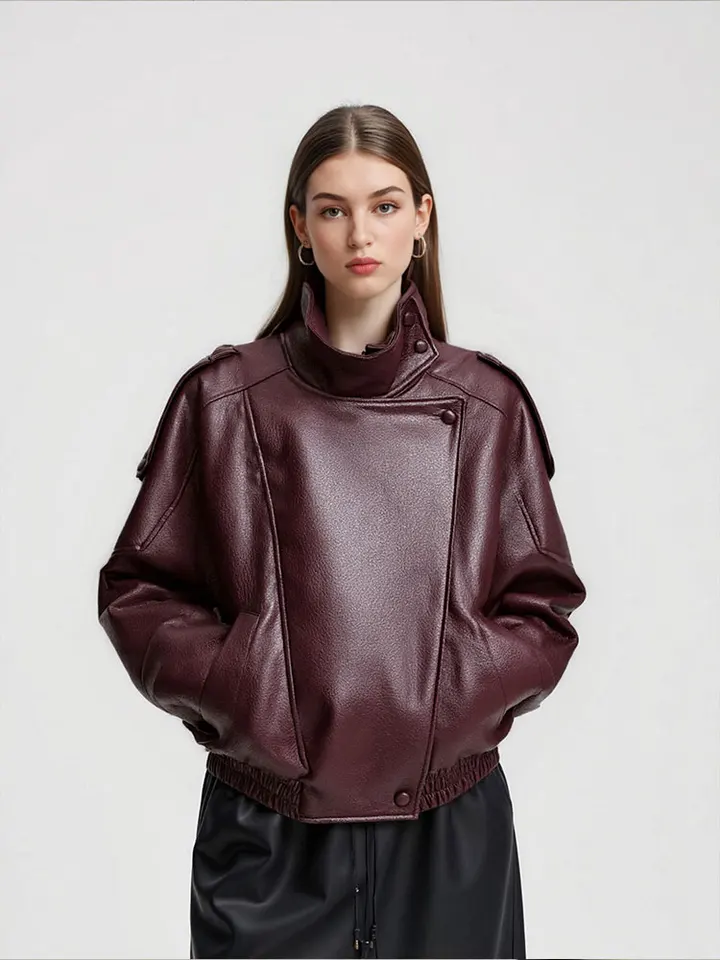HH Autumn Women Fashion Turtleneck Faux Leather Jacket Vintage
