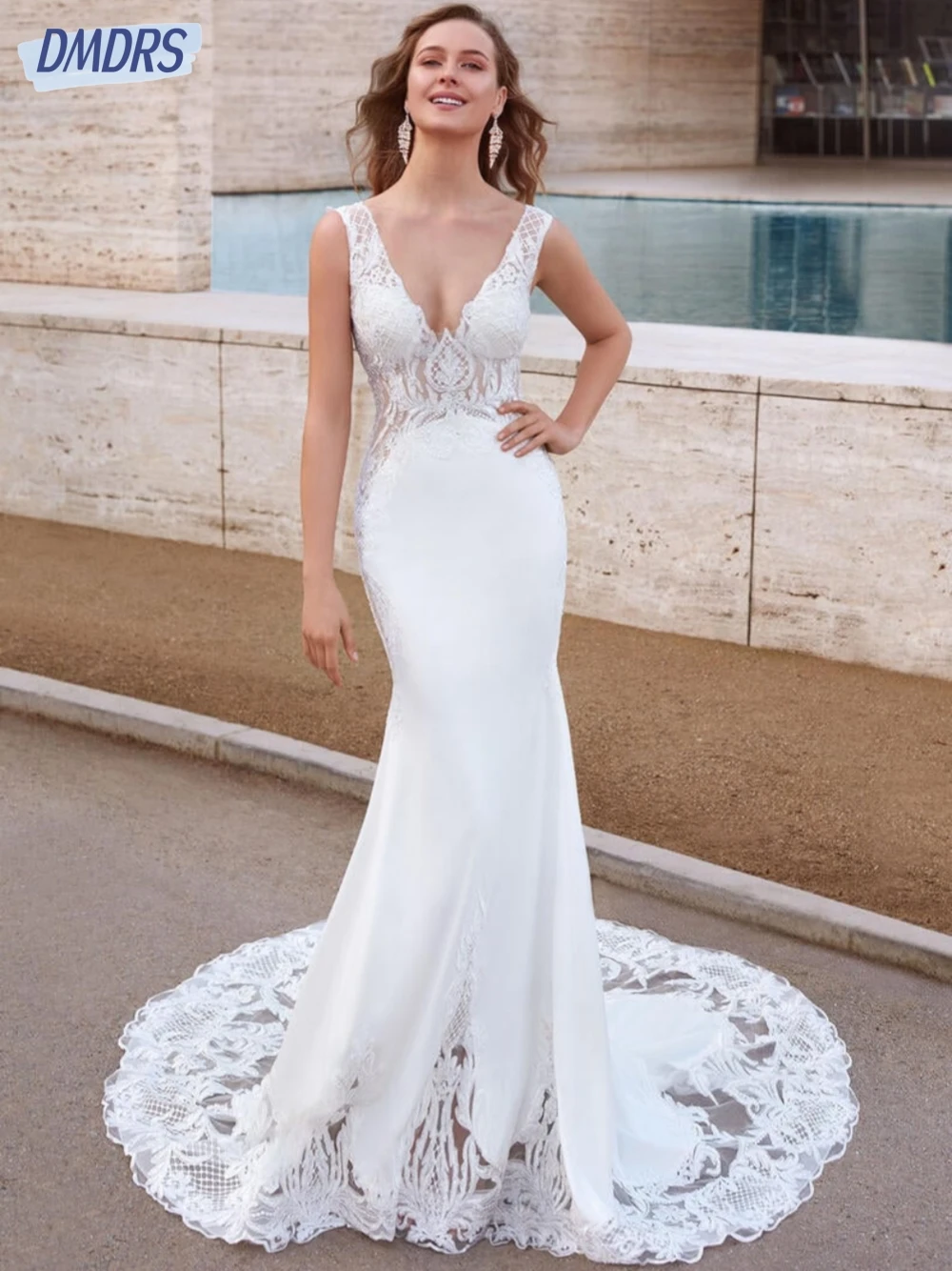 

DMDRS Intricate Beads Mermaid Wedding Dress Sexy Deep V Neck Appliques Bridal Gown Elegant Tank Sleeves Customized Women Wear