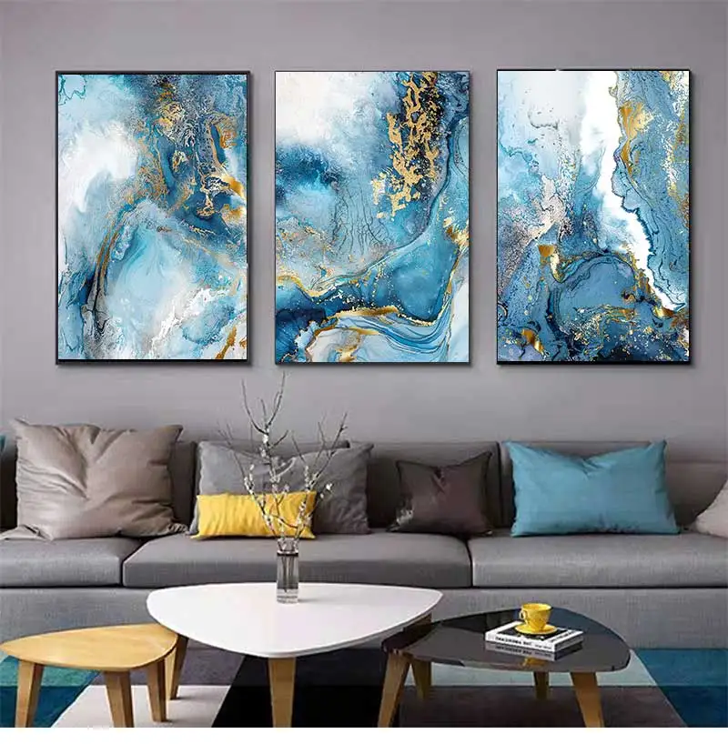 3 Pcs Gold Foil Blue Marble Texture Luxury Poster Prints Pictures Teal Watercolor Wall Art Canvas Painting for Modern Home Decor