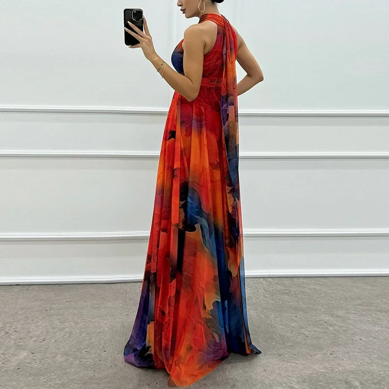 Vestido de fiesta plisado elegante de gasa con hombros descubiertos, vestido largo bohe con estampado de flores a la moda para mujer, vestidos largos acampanados para mujer