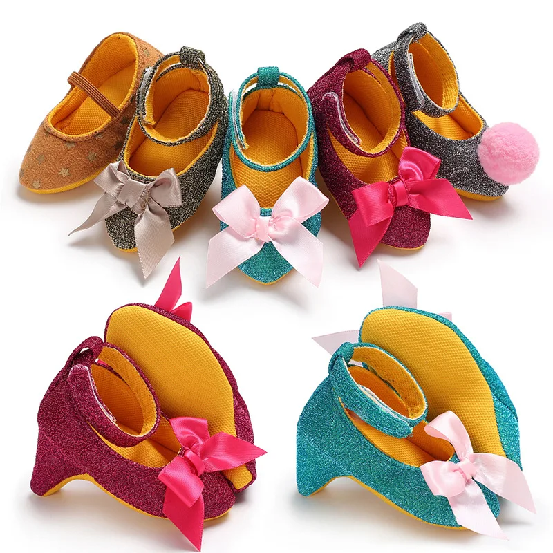 Zapatos de tacón alto con lazo de lentejuelas para niña recién nacida, calzado Formal de suela suave para primeros pasos, fiesta de cumpleaños, 1 año