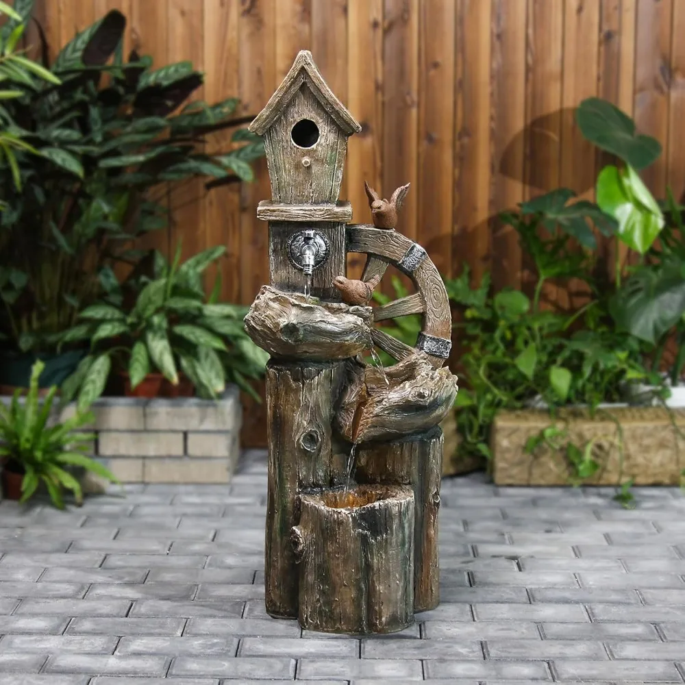 

38.38 H Water Fountain Outdoor Garden 3-Tier Birdhouse Waterfall Fountain with Faucet Tree Trunk Indoor Floor Cascading