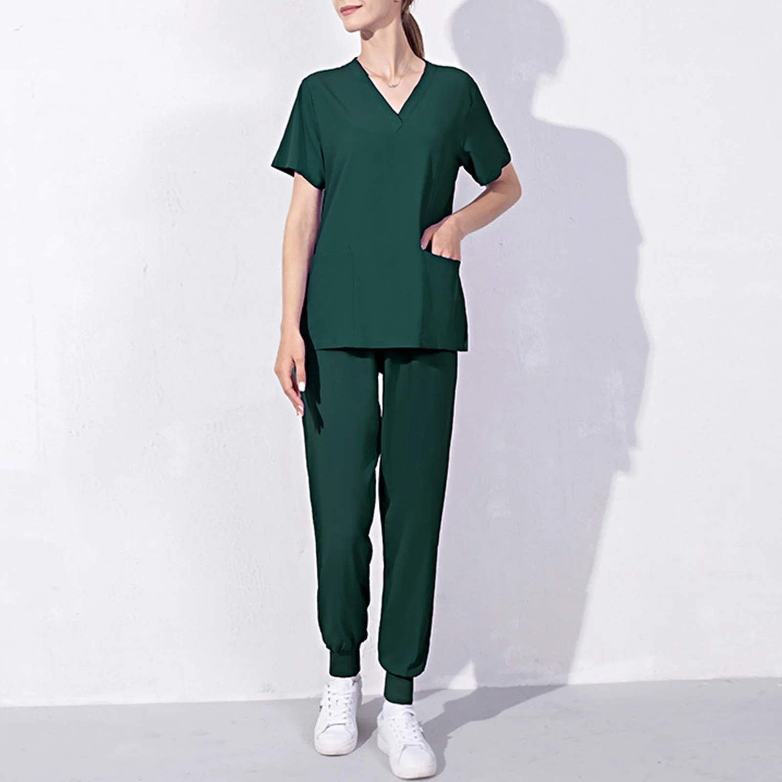 Nursing Uniforms Two Piece Unisex Shorts Scrub Sets Sleeve Pocket Top Tee Loose Pants Beauty Salon Workwear Overalls Plus Size